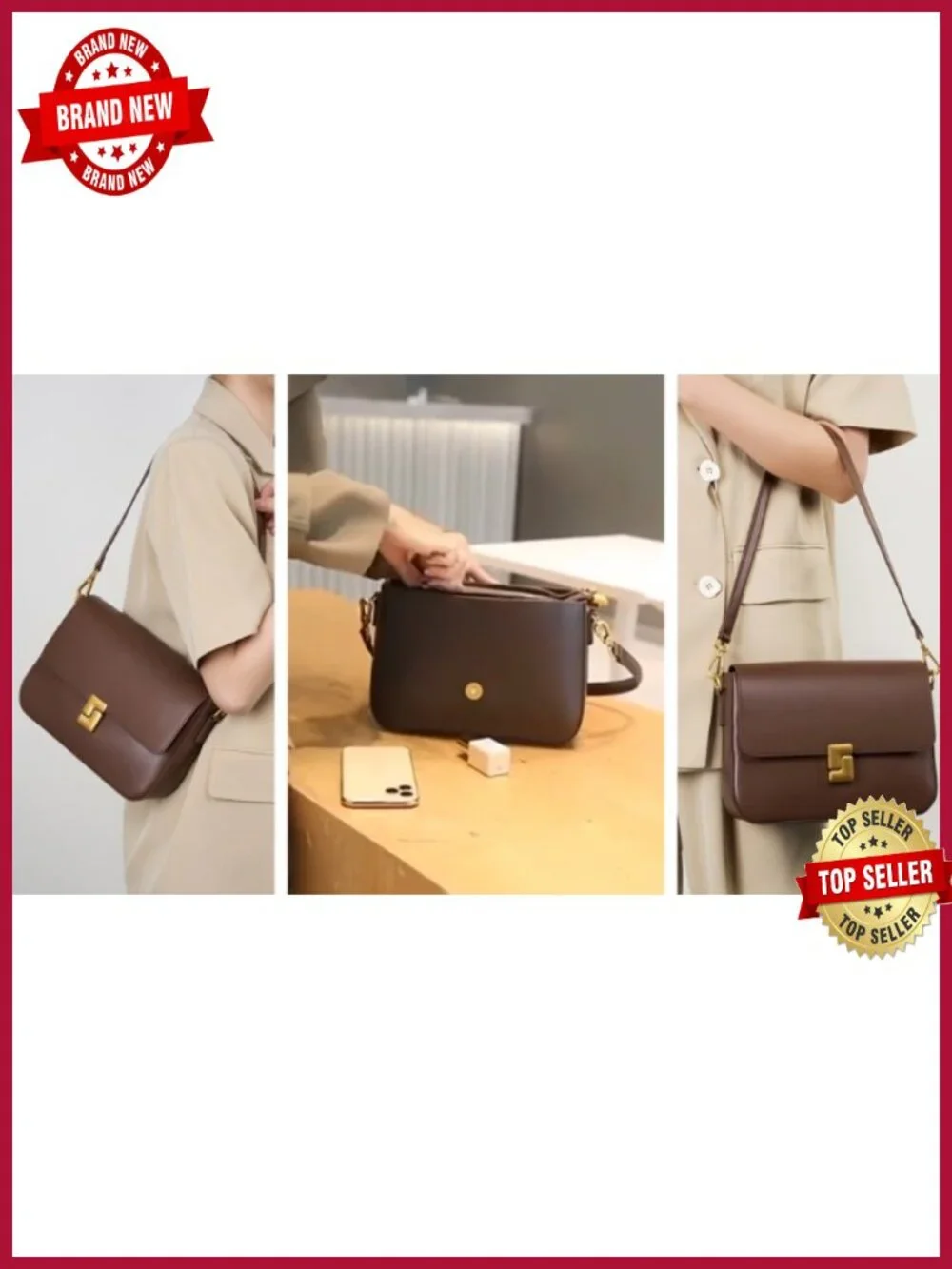 Genuine Leather Crossbody Shoulder Bag with Adjustable Strap, Gold Hardware,